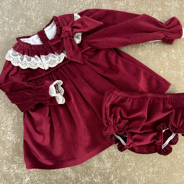 Burgundy Velvet Dress  with bow and matching knickers