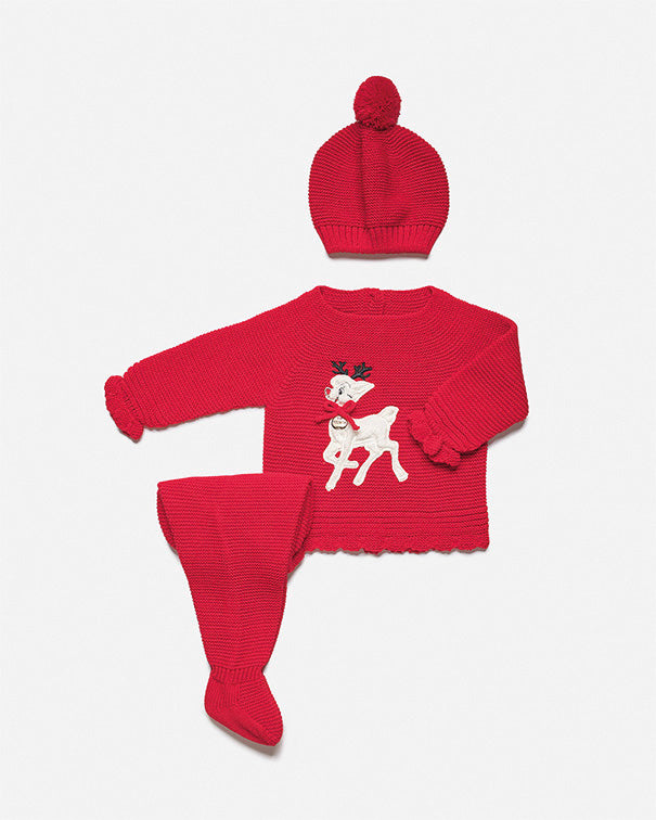 JULIANA Red Reindeer Knitted Top, Leggings & Hat