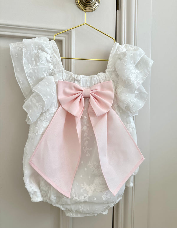 Ivory Embroidered Romper with Pink Bow