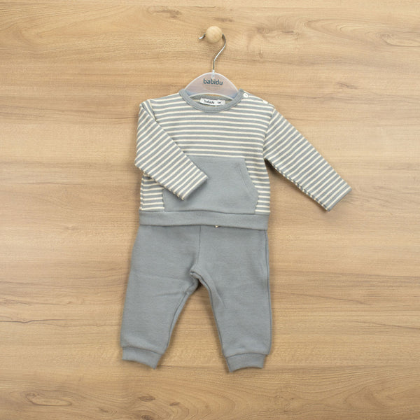 BABIDU Boys Grey Stripe Knitted Cotton Tracksuit
