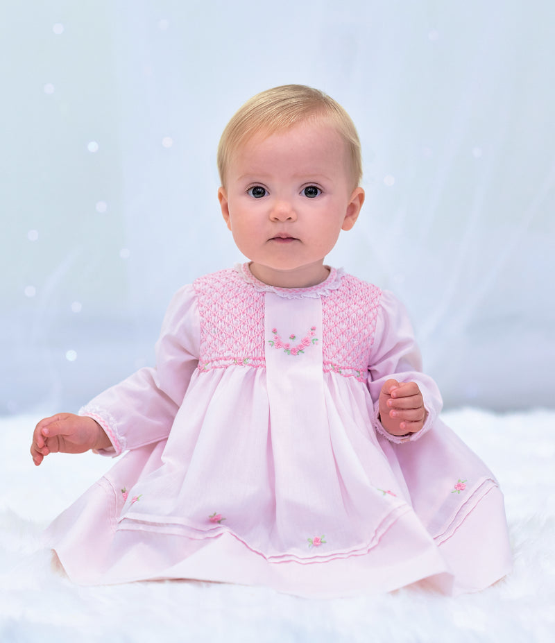 SARAH LOUISE White & Pink Hand Smocked Dress