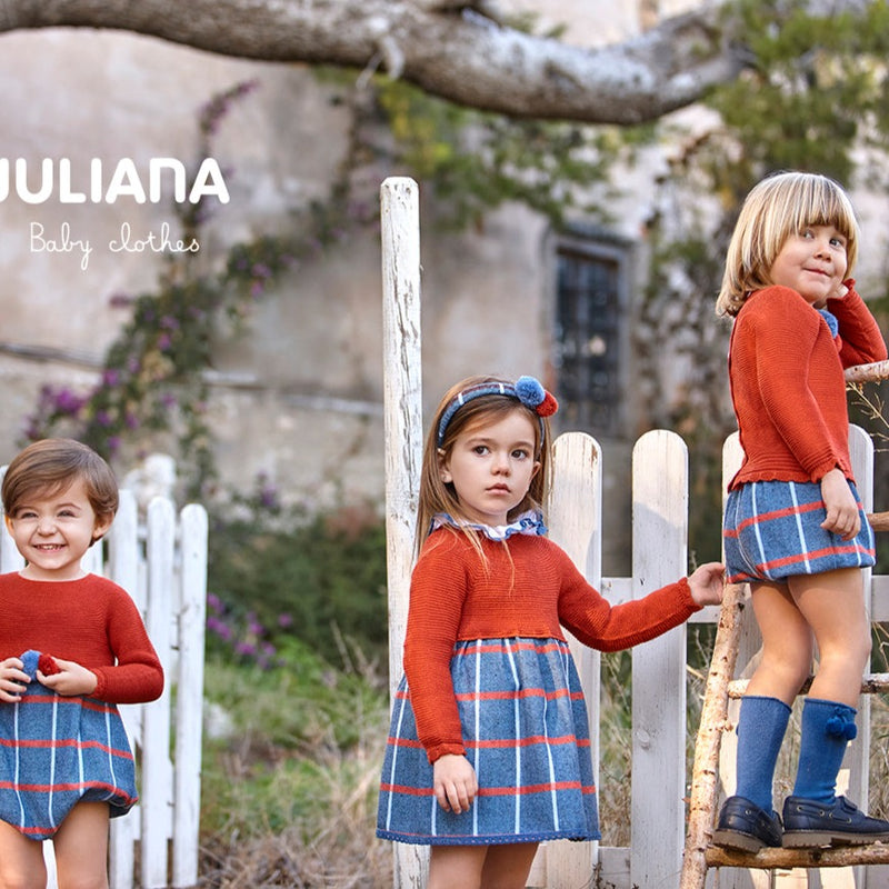 JULIANA Burnt Orange and Blue Knitted Check Dress