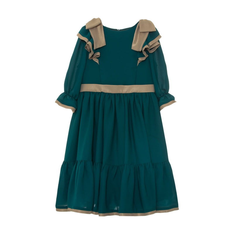PATACHOU Green and Gold Bow Chiffon Dress
