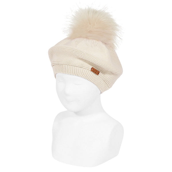 CONDOR Linen Beret with Faux Fur Pom Pom