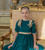PATACHOU Green and Gold Bow Chiffon Dress