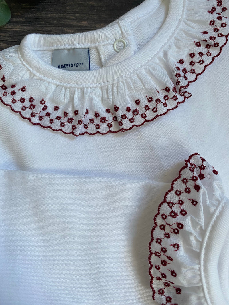BABIDU Long Sleeve Bodysuit with burgundy embroidered trim