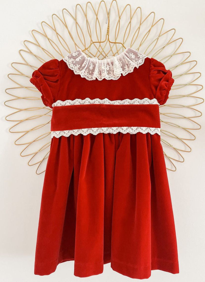 Fofettes Red Velvet Dress with Lace Collar - LONG SLEEVES