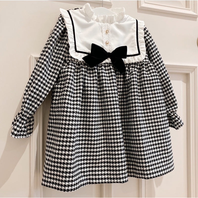 Black & White Dress with Black Velvet Bow