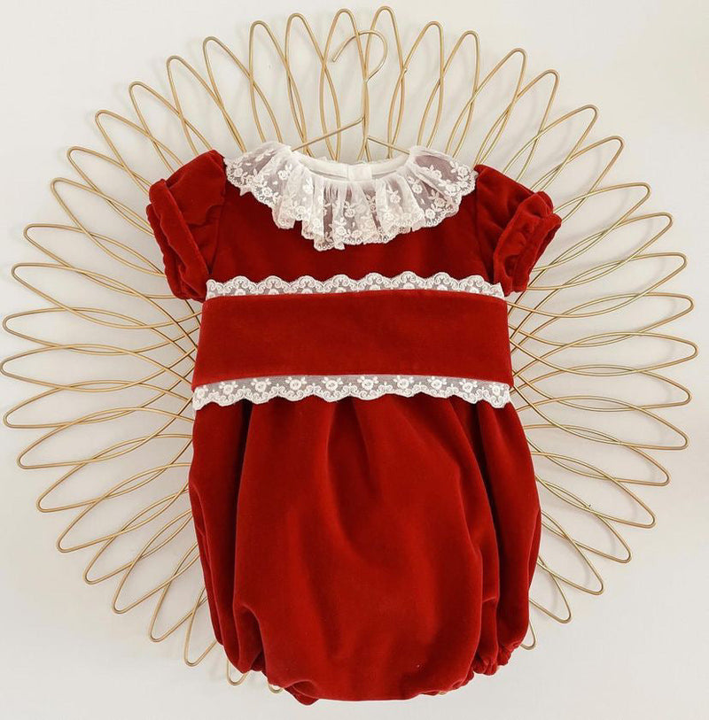 Fofettes Red Velvet Romper with Lace - LONG SLEEVE