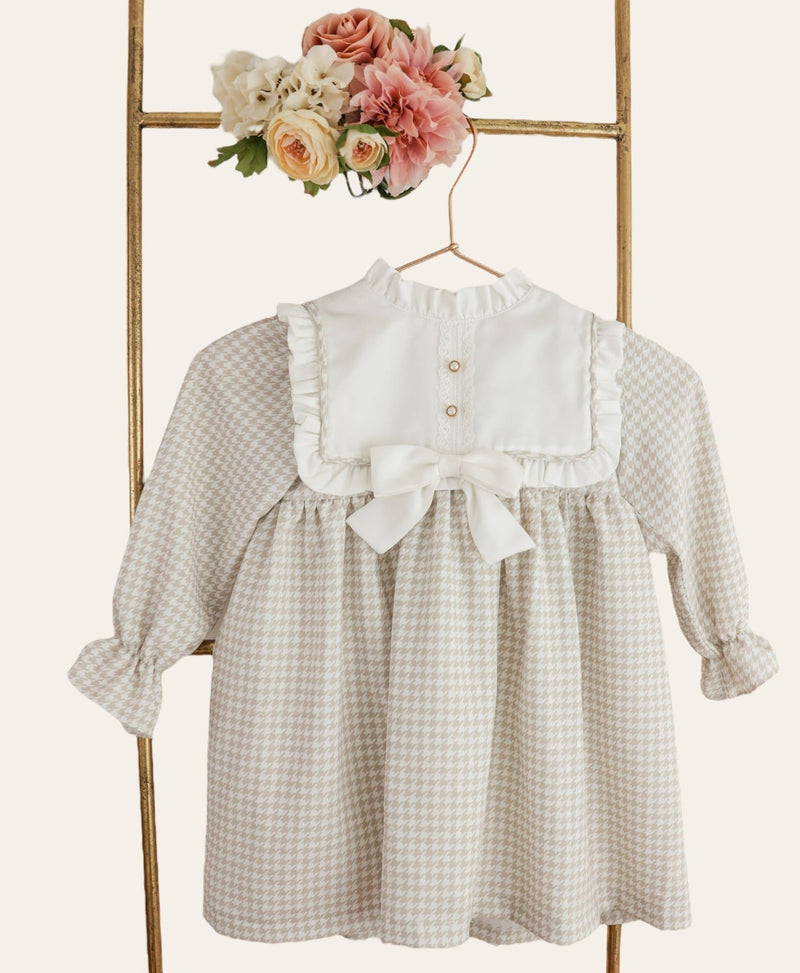 Beige Long Sleeve Houndstooth Dress