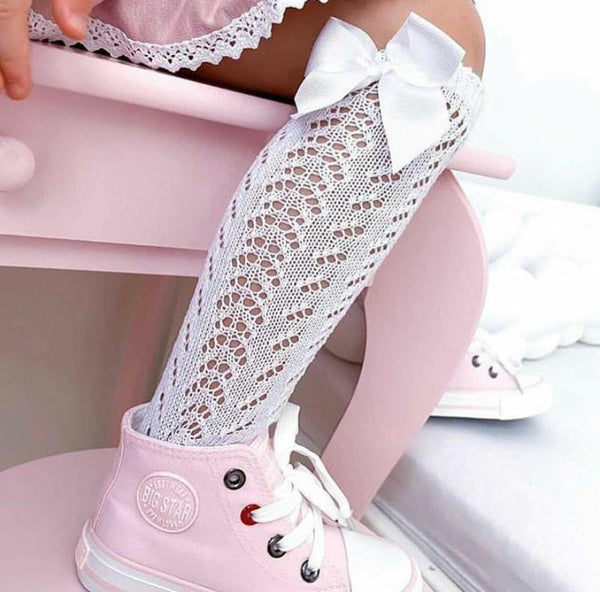 CONDOR White Openwork Knee High Sock with Bow