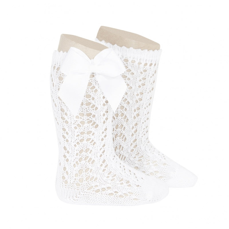 CONDOR White Openwork Knee High Sock with Bow